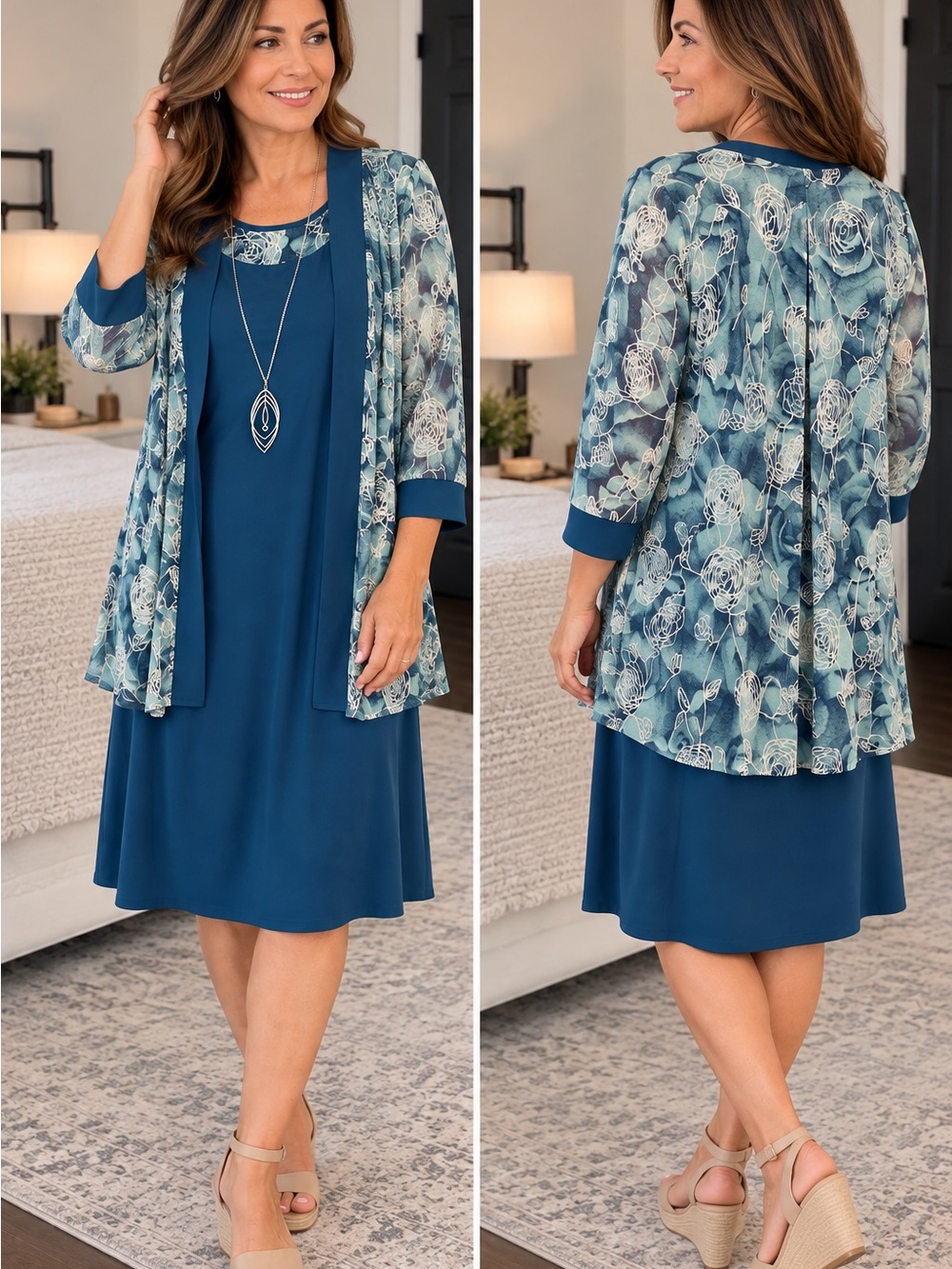 R&M Richards Teal Blue Floral Open-Front Jacket Dress Set XXL